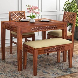 BN Furniture Solid sheesham Wood 4 Seater Dining Room Sets || Wooden Dining Table Set with 2 Chairs and 1 Bench|| Dining Table Set for Home Living Room Furniture (CNC-D3, 4 Seater)