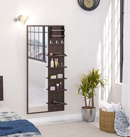 BLUEWUD Freddie Engineered Wood Wall Mount Dressing Table Mirror with Shelves, Bangle Holder & Hooks (Wenge)